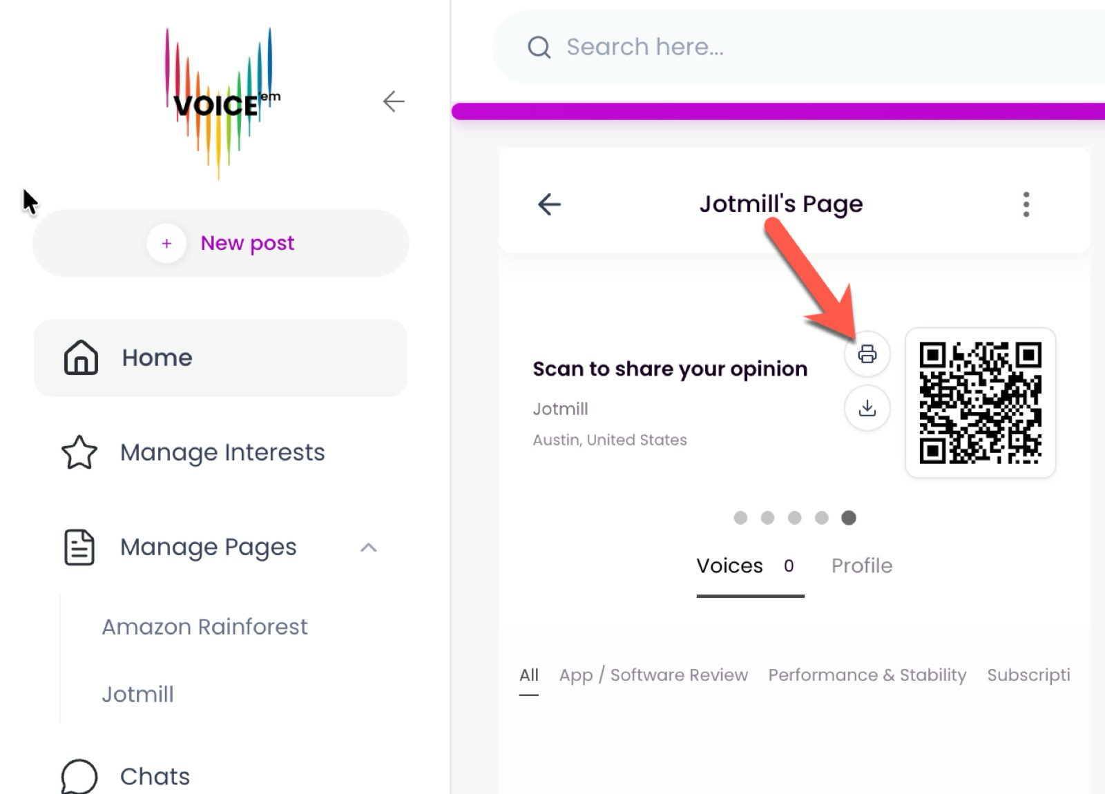 Print and download controls beside a VoiceEM profile QR code