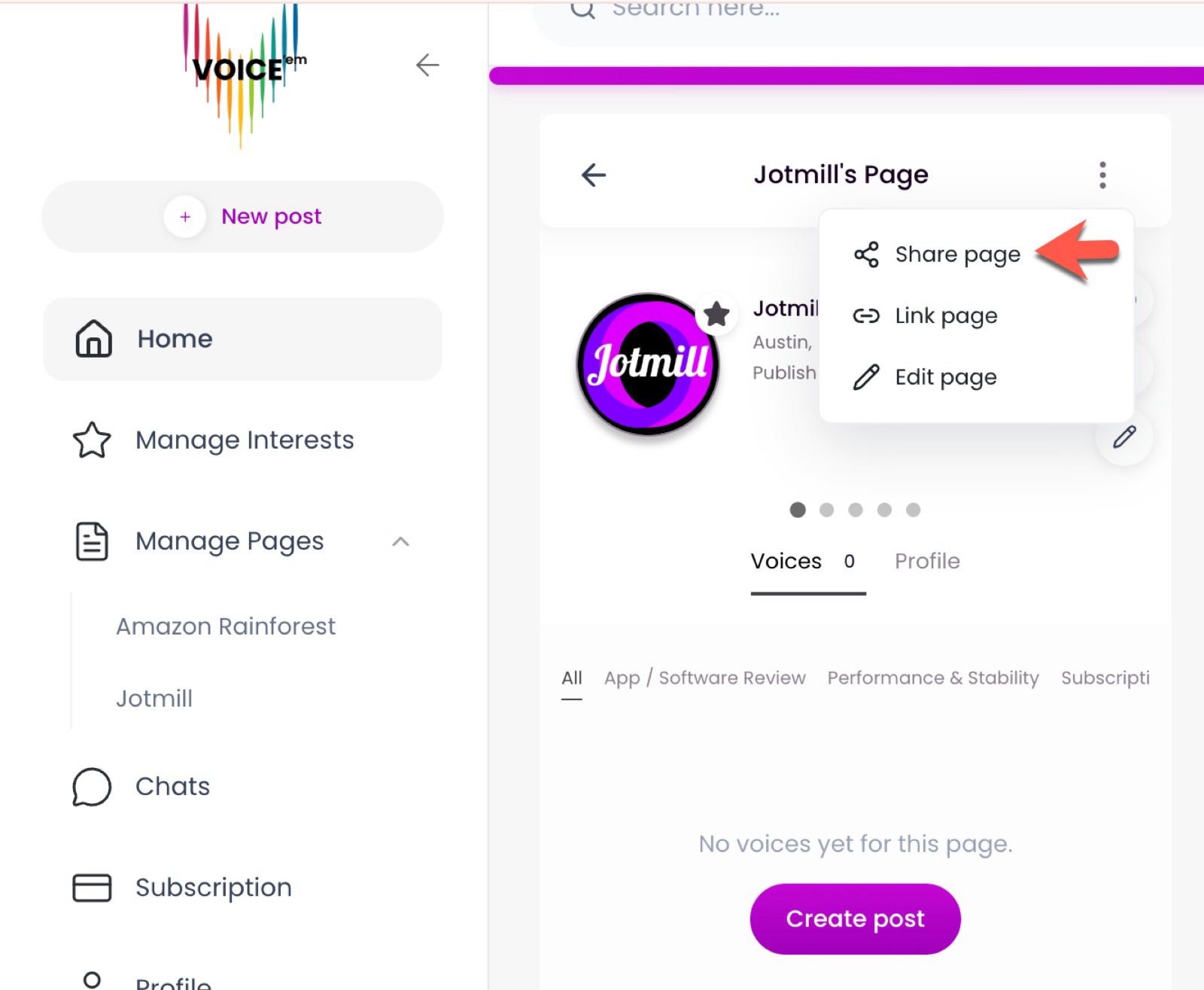 Share Page option on a VoiceEM business profile